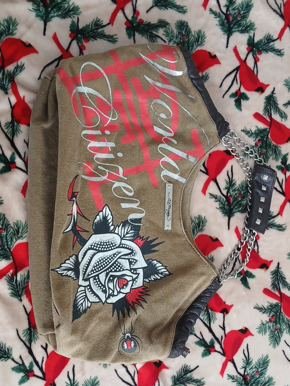 Ed Hardy Olive Green Shoulder Bag with White Rose and Red Script